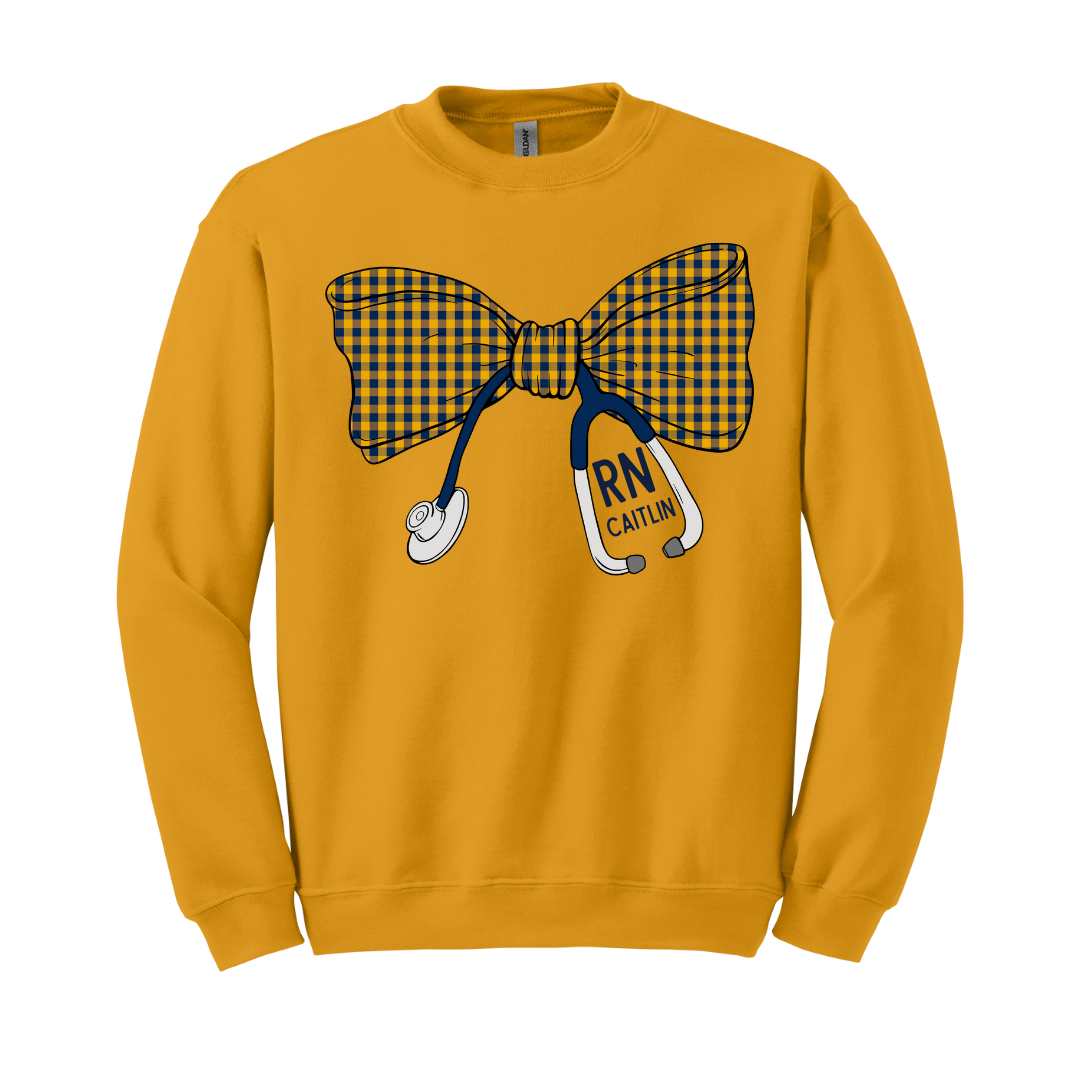 Small Navy and Gold Gingham Stethoscope Bow - Gildan Series