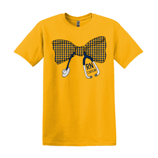Small Navy and Gold Gingham Stethoscope Bow - Gildan Series