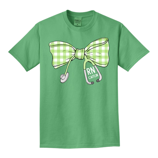 Green Gingham Stethoscope Bow - Port & Company Beach Wash Series