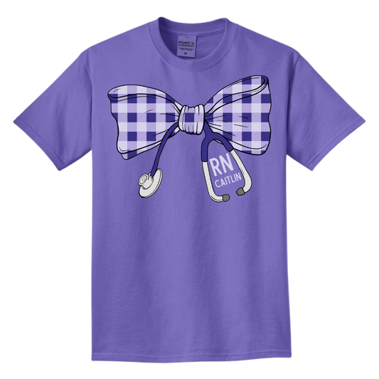 Purple Gingham Stethoscope Bow - Port & Company Beach Wash Series