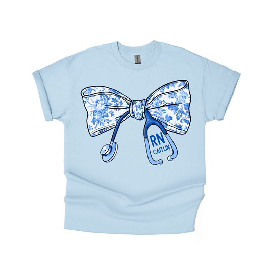 Blue Floral Stethoscope Bow - Gildan Series